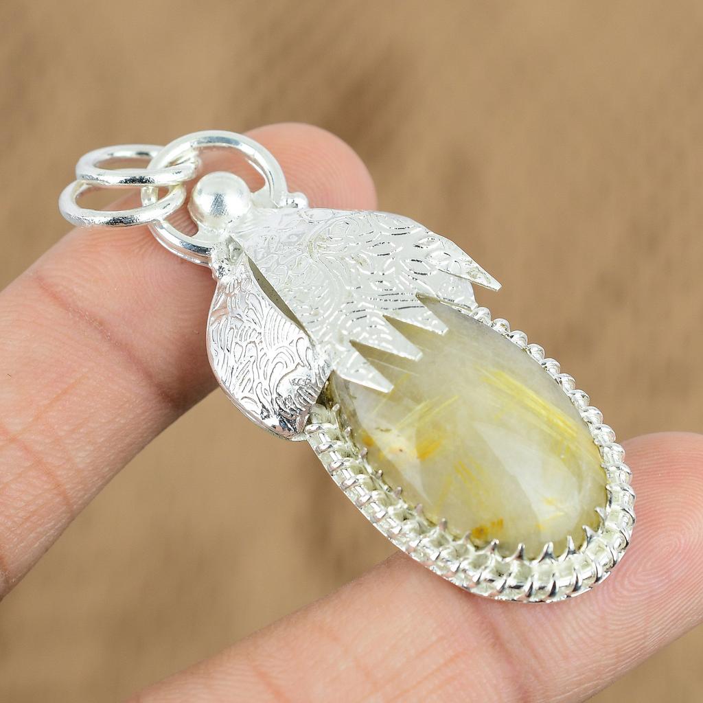 Oval Gyllene Rutil Ädelsten Hustru Jubileum Bröllop Hänge 925 Sterling Silver