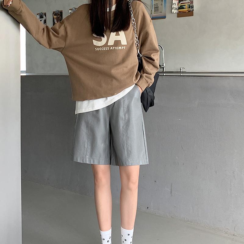 Shorts Damen, hohe Taille, weites Bein, kurze Hose, lockere, lässige, gerade Lederhose