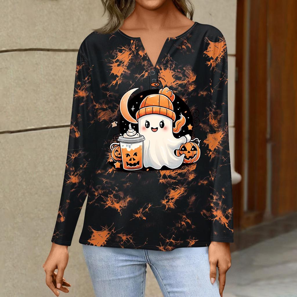 Women's Casual Halloween Print V-Neck Long Sleeve T-Shirt with Decorative Buttons