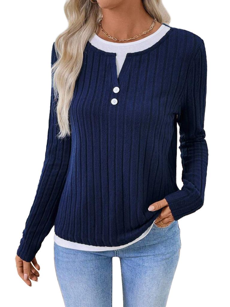 Autumn and Winter New Women's Fake Two-piece Crew Neck Button Pullover Polished Long-sleeved T-shirt