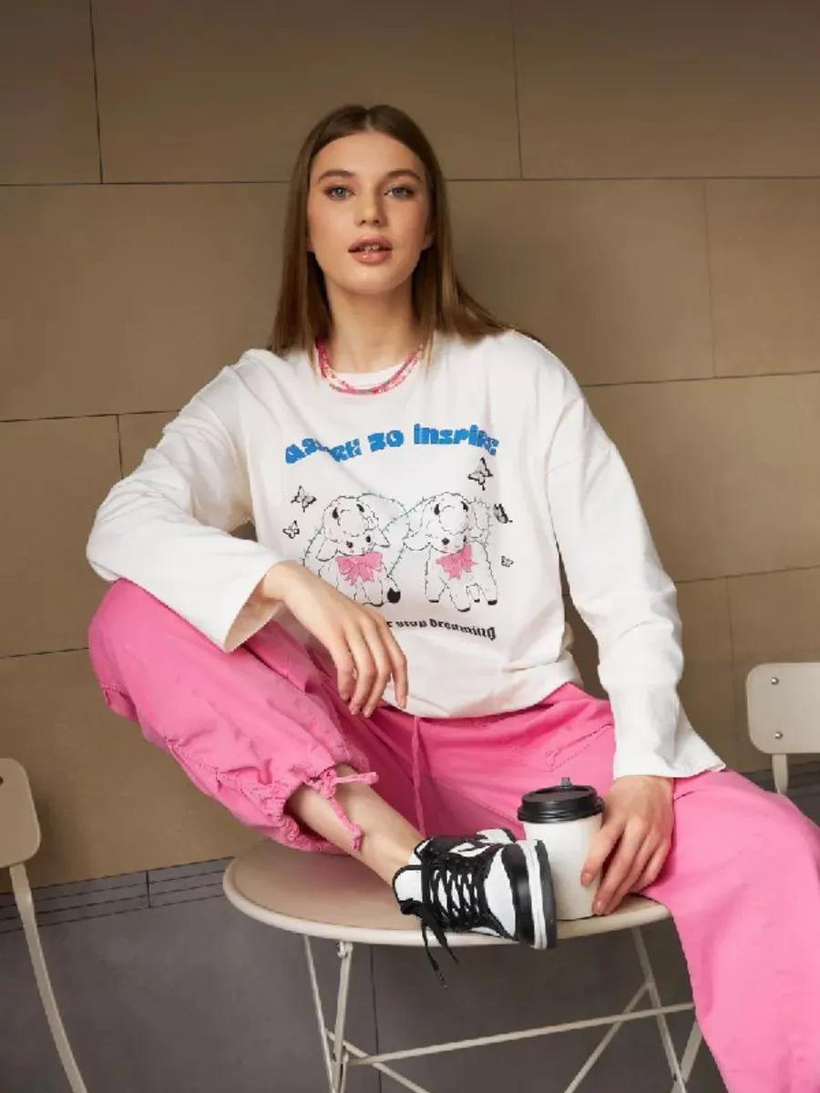 

Cute fun age reduction sweet girl heart lamb print autumn European and American style new pure cotton t-shirt S