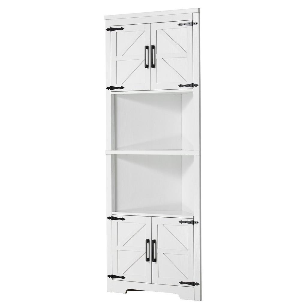 68" Corner Storage Cabinet with 4 Wooden Doors & Adjustable Shelves White