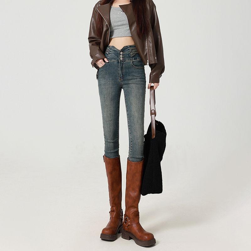 Cement gray skinny jeans women's winter velvet thickened and thin elastic narrow version pencil small feet pants