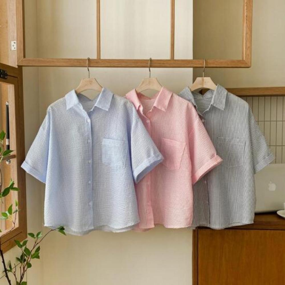 New Arrivals Open Run Women Summer Loose Fit Pocket Striped Short Sleeve Shirt