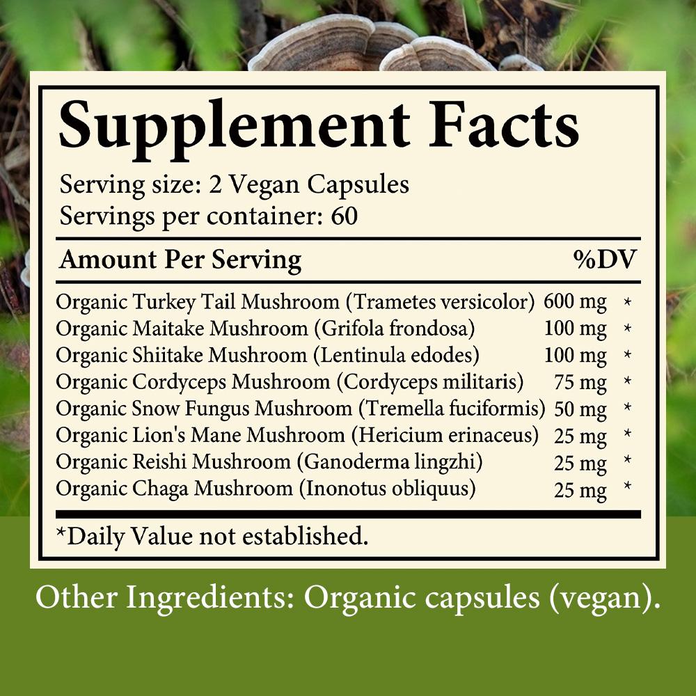 Bio 8-Pilz-Komplex-Mischung 120 Vegane Kapseln Nahrungsergänzungsmittel