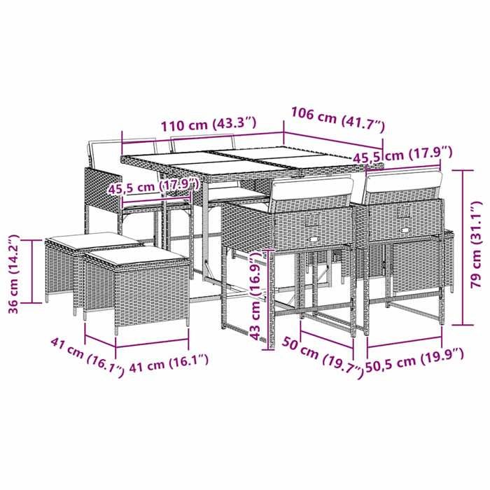 VidaXL 9-Piece Garden Dining Set with Cushions, Table and Folding Back Chairs, Outdoor Patio Furniture 3211323