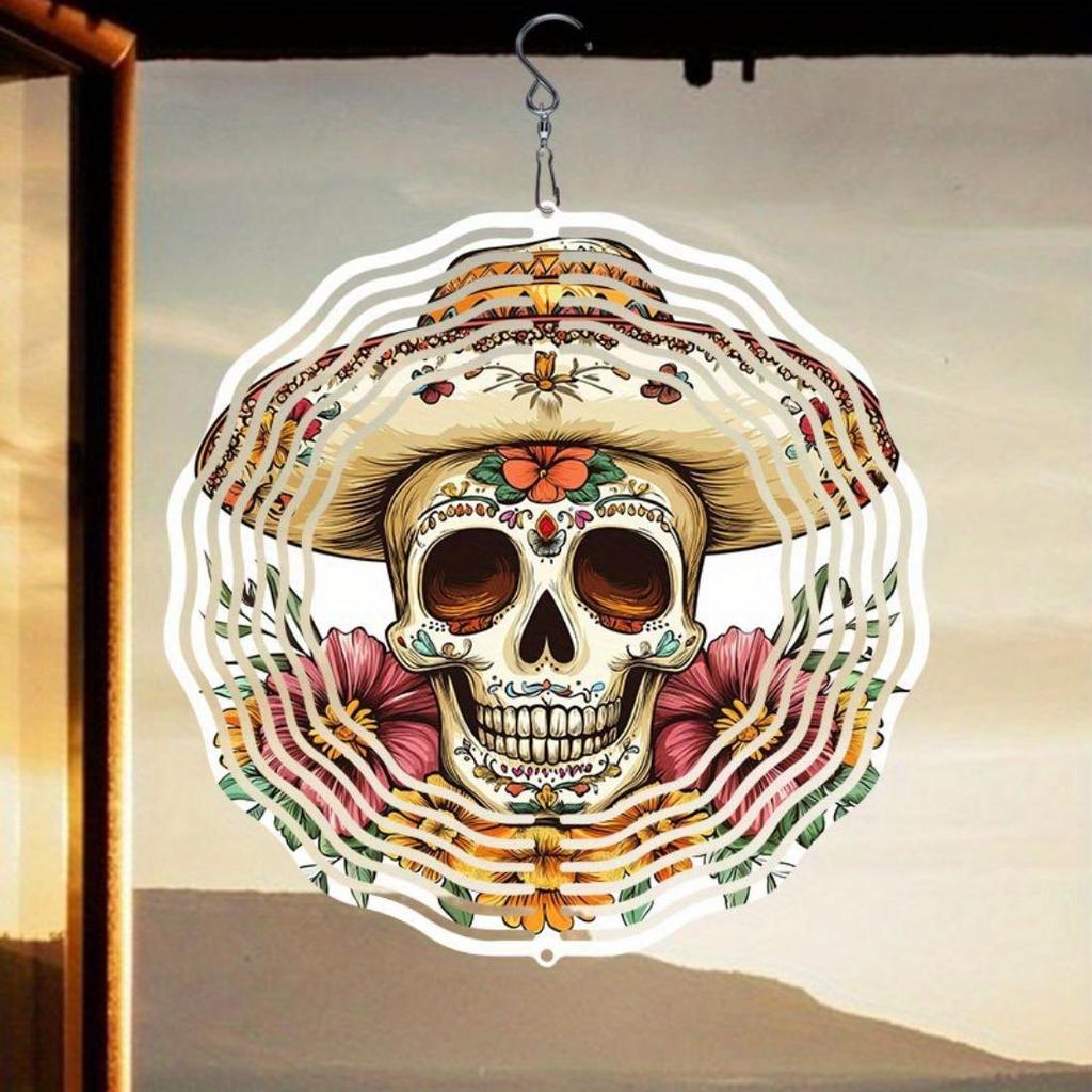 Kaijit - 1pc No Battery Required Cinco De Mayo Skull with Hat Mandala Wind Powered Rotating Wind Chime - Dynamic 2D Hanging Garden Art