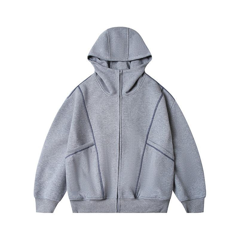 Unisex Trendy Heavyweight Hooded Cardigan with Contrast Stitching