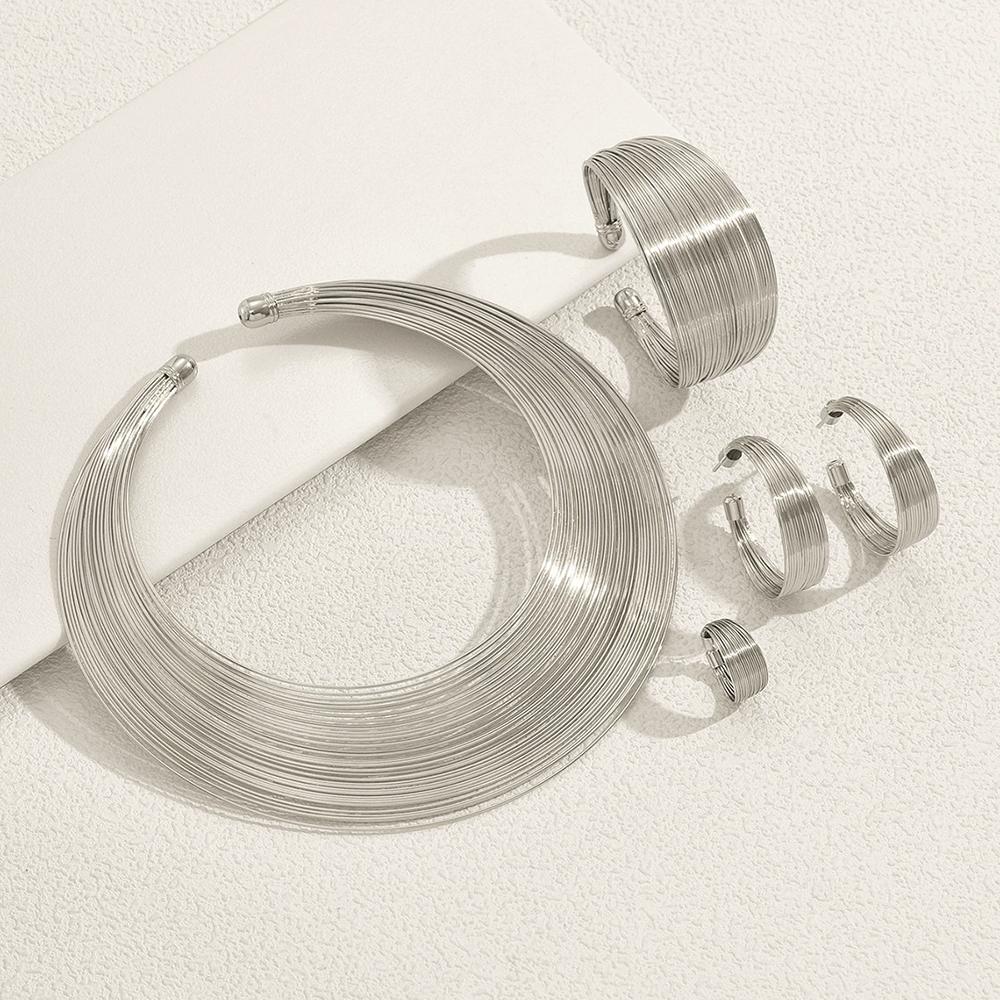 

Fashionable Multi-Layer Metal Jewelry Set Geometric Line Collar Adjustable Opening Wristband For Women resizable