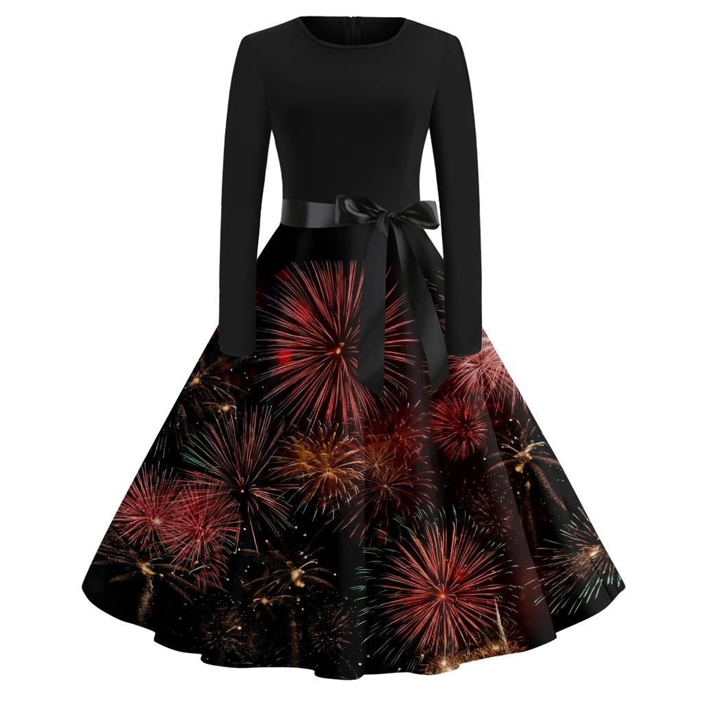 Women's Casual Fashion Round Neck Long Sleeve New Year Printed Retro Dress