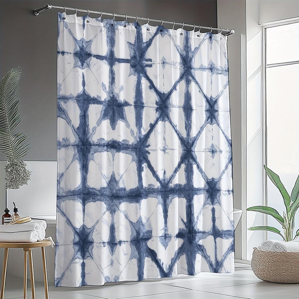 Modern Abstract Blue & White Geometric Shower Curtain - Machine Washable Polyester, Artistic Star & Line Design, All-Season Use