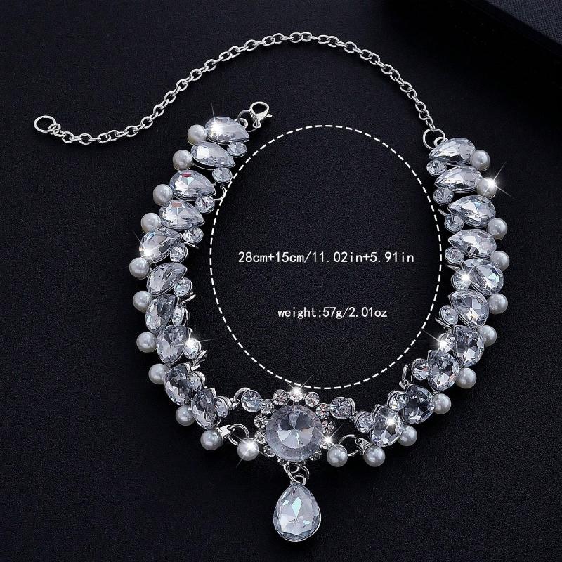 New Temperament Full of Crystal Shiny Water Drop Pendant Necklace for Women Luxury Pearl Collarbone Chain Jewelry Accessories