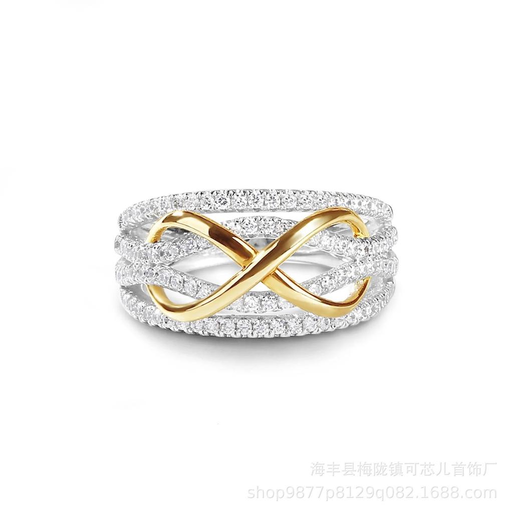 Fashion and environmentally friendly material women's ring European and American two-color 8-character hot-selling electroplating new multi-layer