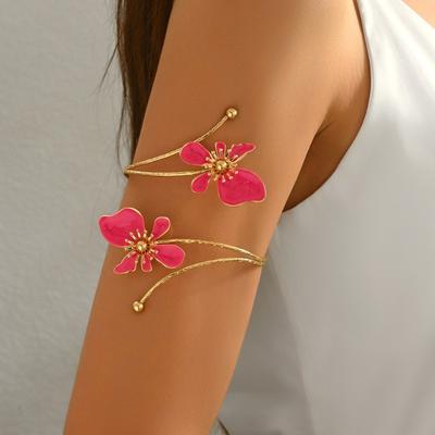 Vintage Goldfarbe Blumig Offener Manschetten-Armreif Metall Emaille Glasur Handwerk Blumen-Manschettenarmband Spiral-Armreif Schmuck
