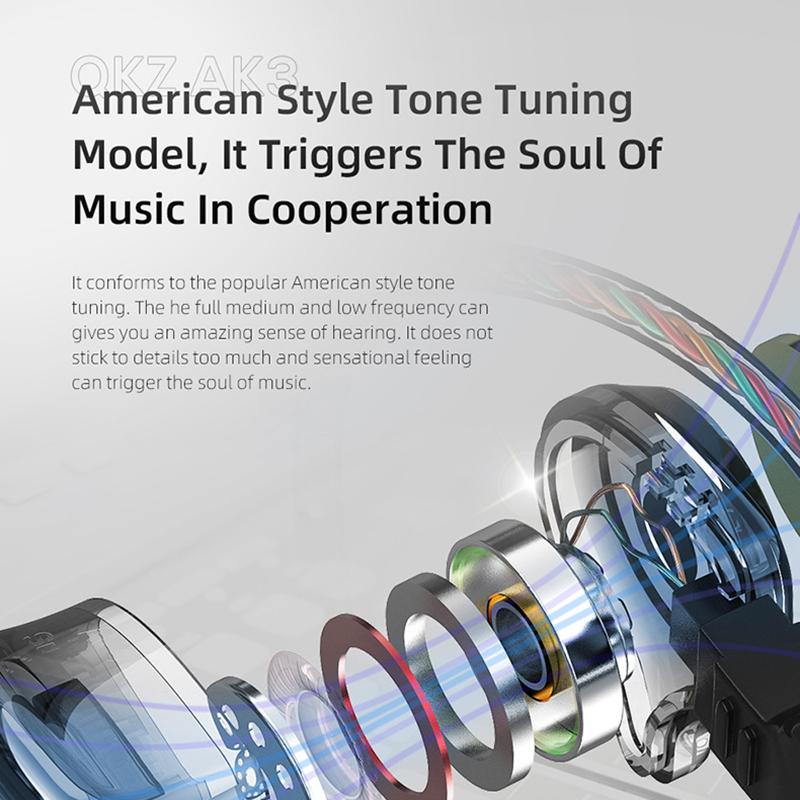 AK3 FiLe Wired Earphone with Microphone HiFi Music Monitor Bass Headphones Noise Cancelling Headset For Sport Gaming Earbuds