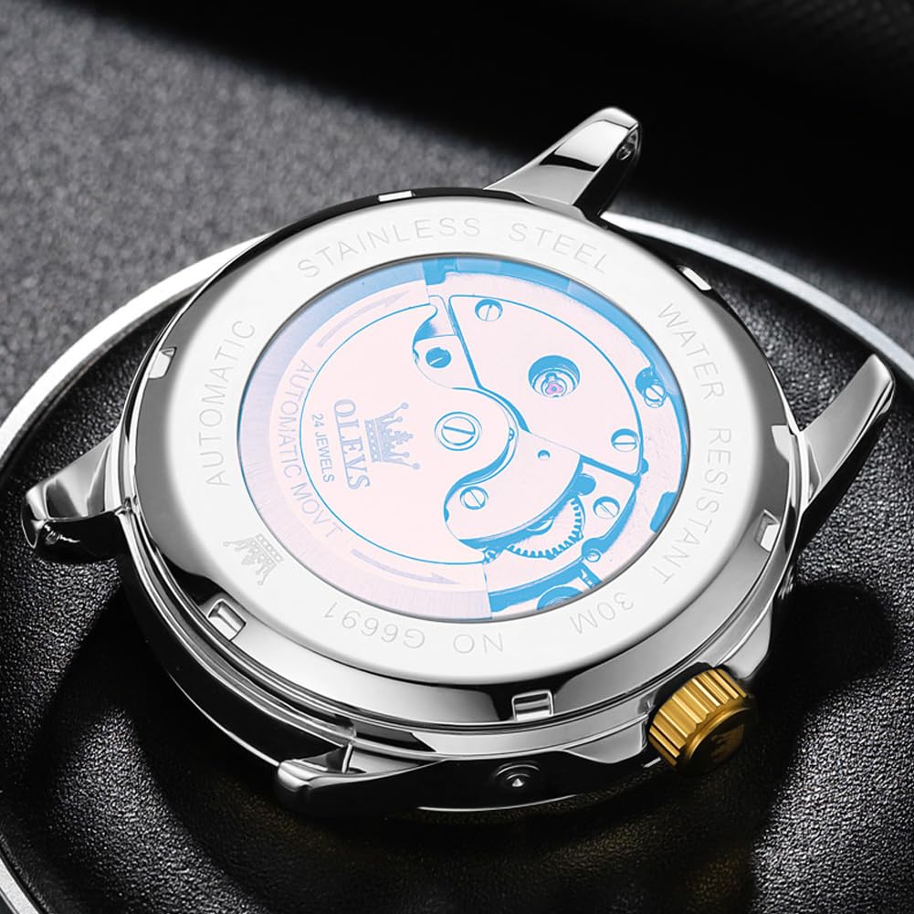 OLEVS Mechanical Automatic Winding Moon Phase Stylish Skeleton Waterproof Popular Watch Luminous Watch for Men Black Gold Men's &