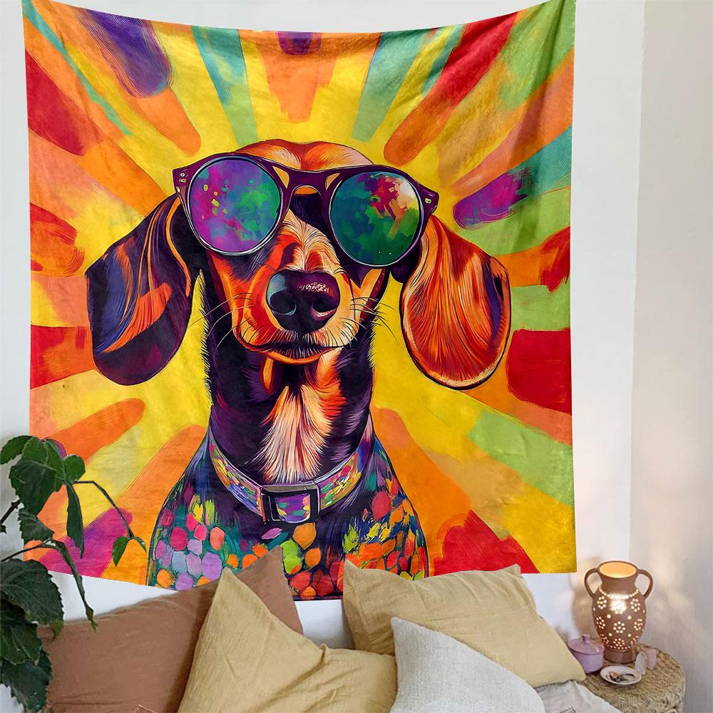 Colorful Dachshund with Sunglasses Patterned Tapestry Decorative Wall Hanging, Home Bedroom Living Room Decor