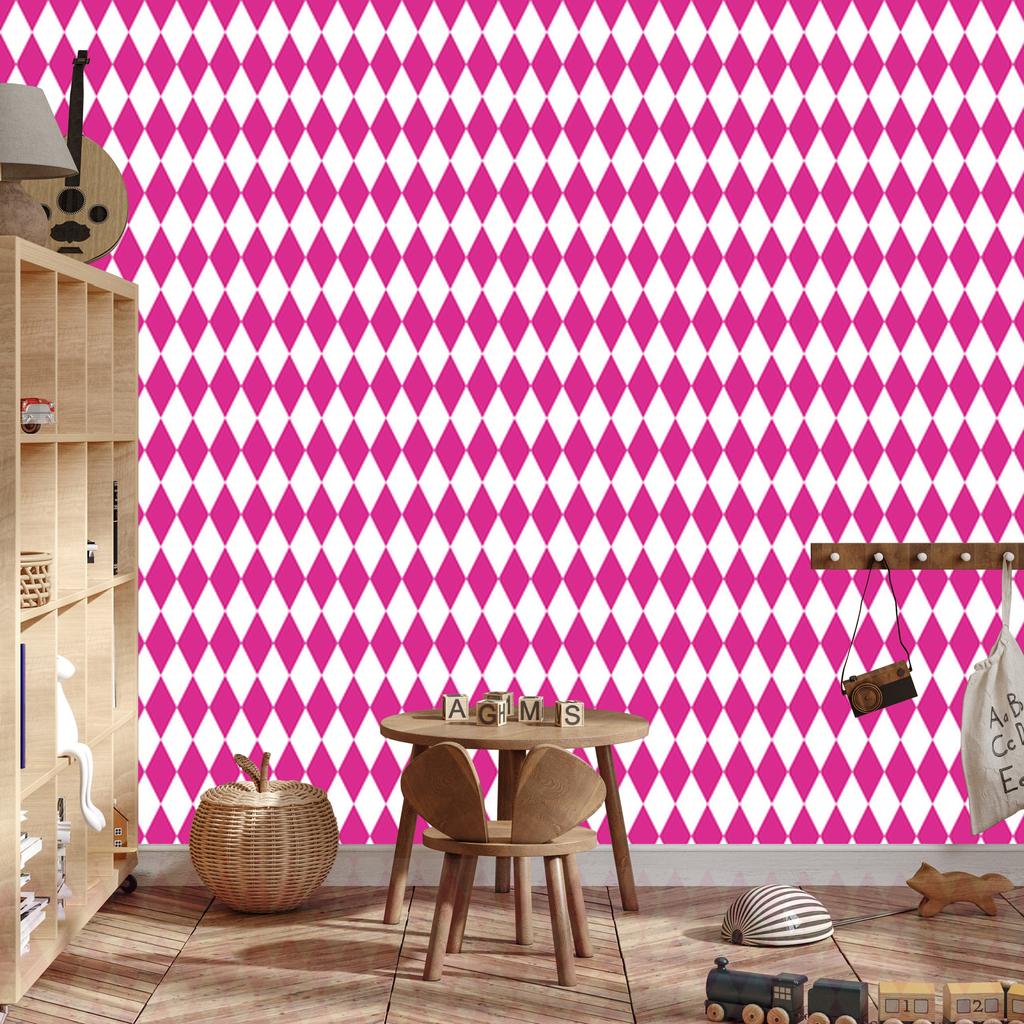 Harlequin Rhombus Wallpaper, purple and white, powder pink background, 50x1000
