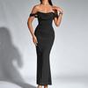 Fishbone mesh pleated dress European and American sexy backless one-word shoulder tight hip-wrapped dress long dress