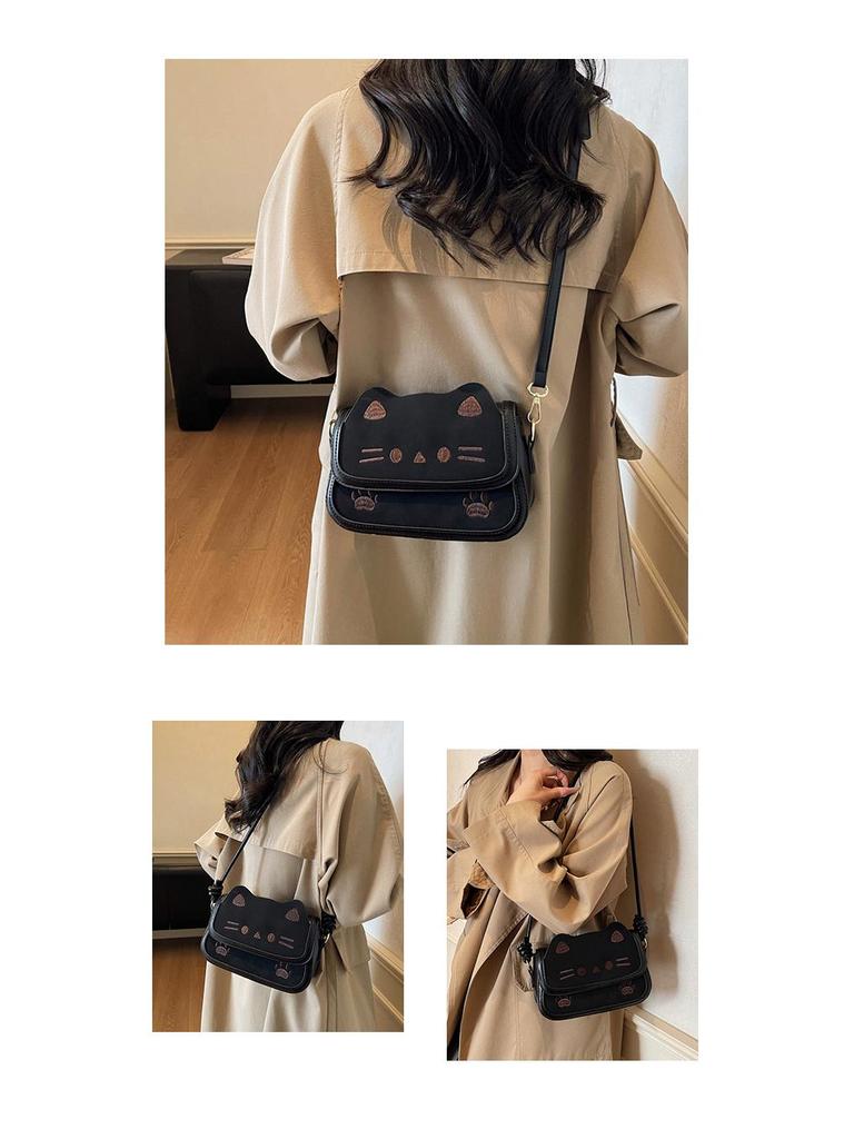 Korean Style Cartoon Kitten Crossbody Bag - Cute Retro Matte Shoulder Bag for Girls and Students