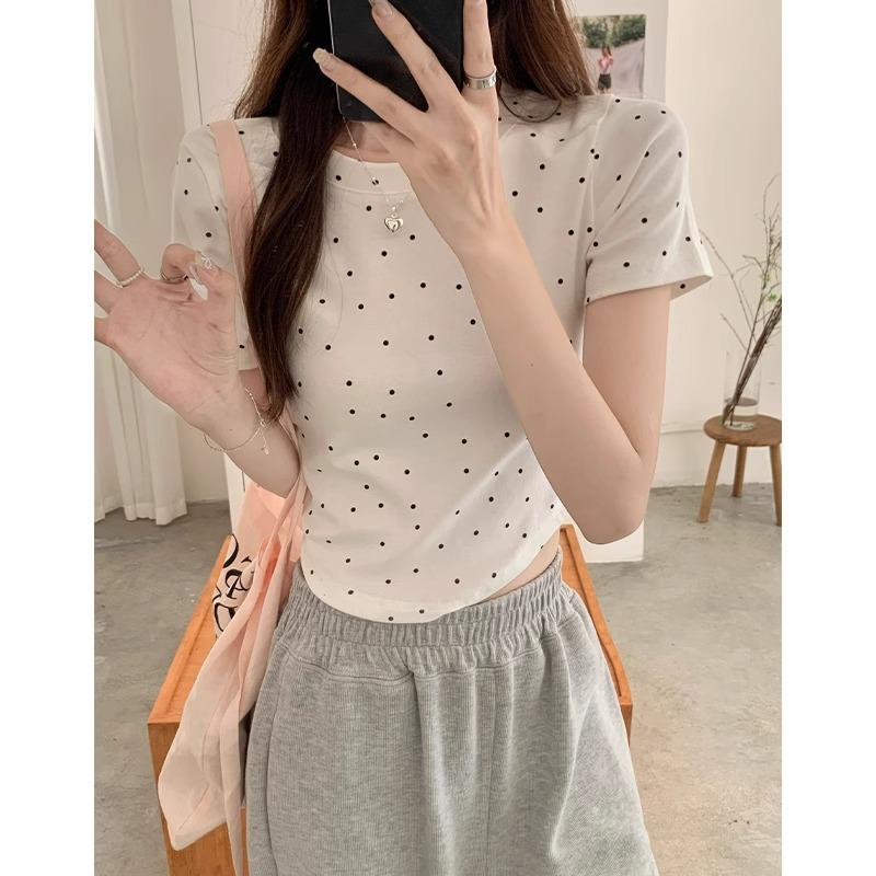 

Grey polka dot crew neck short-sleeved T-shirt women s pure desire to show their navel and waist short front shoulder Spice Girl Small Summer Top XL білий
