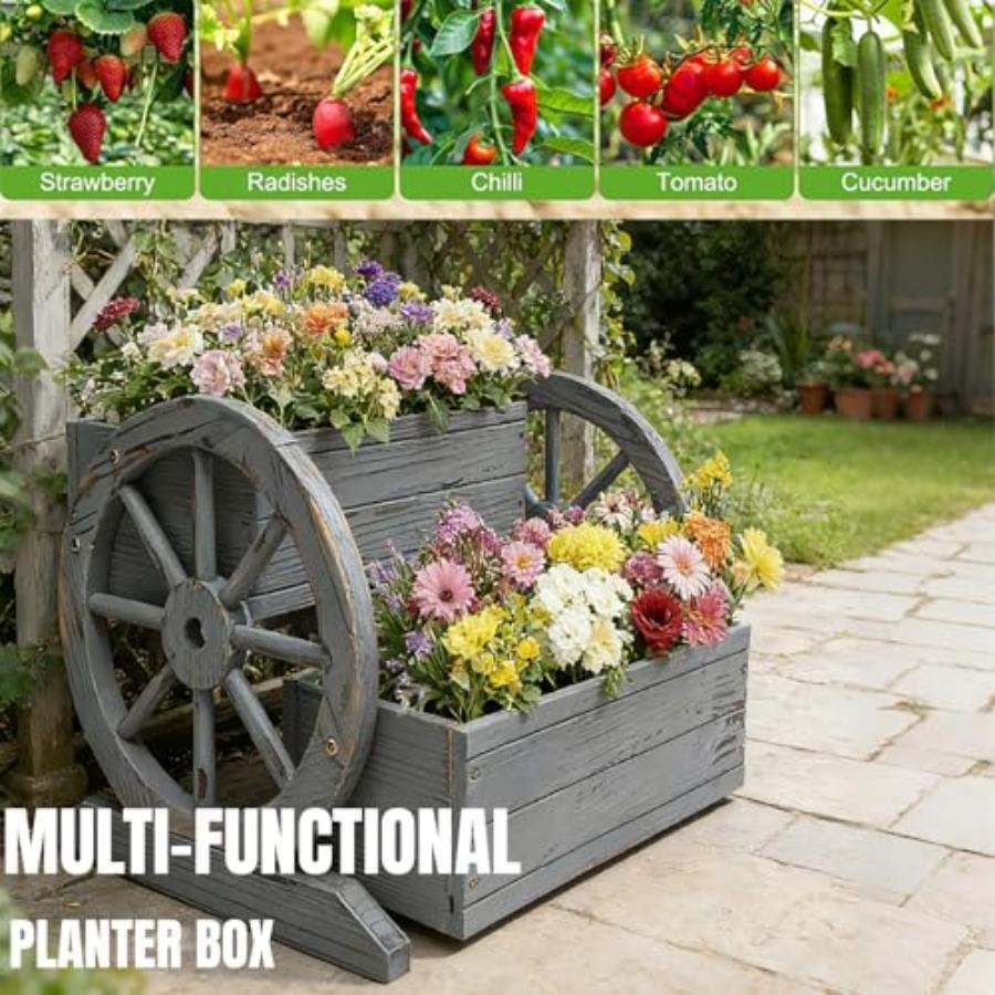 NestNature Wooden Wagon Planter Box Raised Garden Bed Antique Gray Decorative Garden Planters with Wheels for Indoor Outdoor De