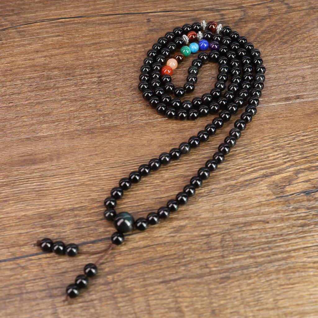 108 Beads Obsidian Chakra Bracelet Quadruple Mala Beads [Coai]