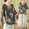 Sommer Damen Baumwolle Leinen Übergröße Bedrucktes T-Shirt Ethnischer Stil Fledermausärmel Schlankmachendes Lockeres Florales Oberteil Hemden
