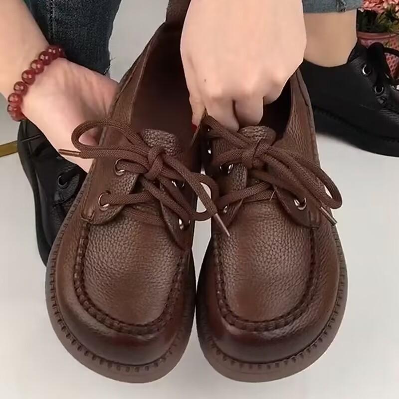 Spring and Autumn 2023 New Muffin Soles PU Deep-mouthed Mid-heel Low-top Shoes with Cross Tie Round Rubber Thick Soles Women's