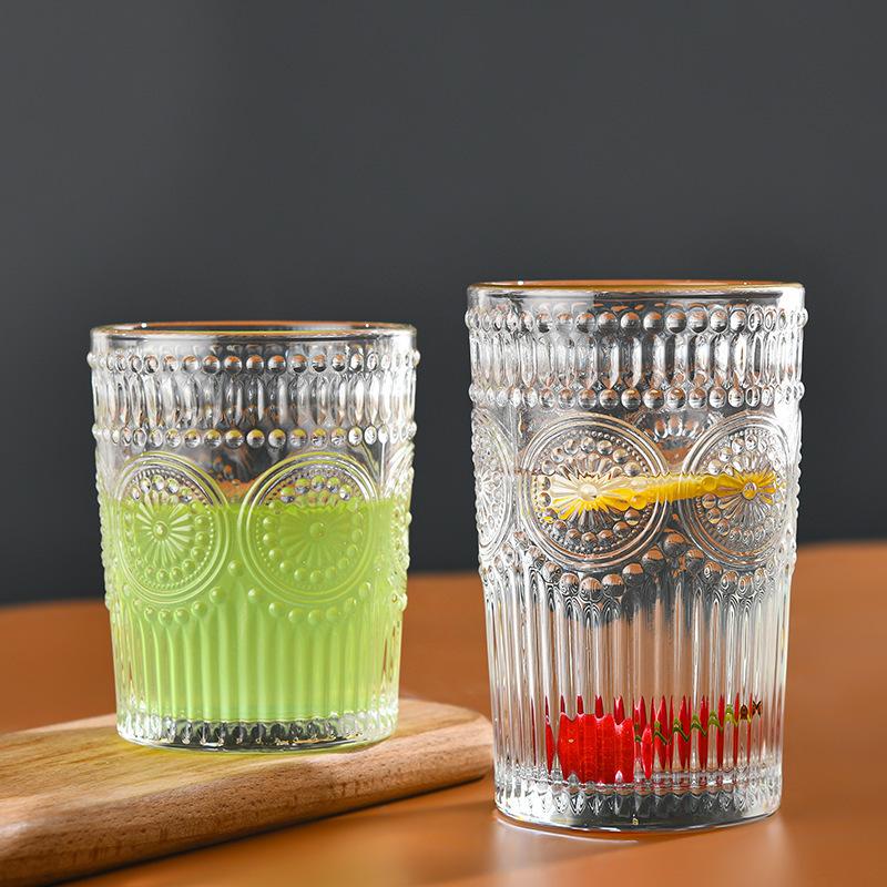 Sunflower Water Cup Embossed Transparent Glass Creative Home Office European Retro Juice Drink Milk Cup