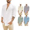 Men's Linen Long-sleeved Casual Shirt Collarless Standing Collar Summer Top