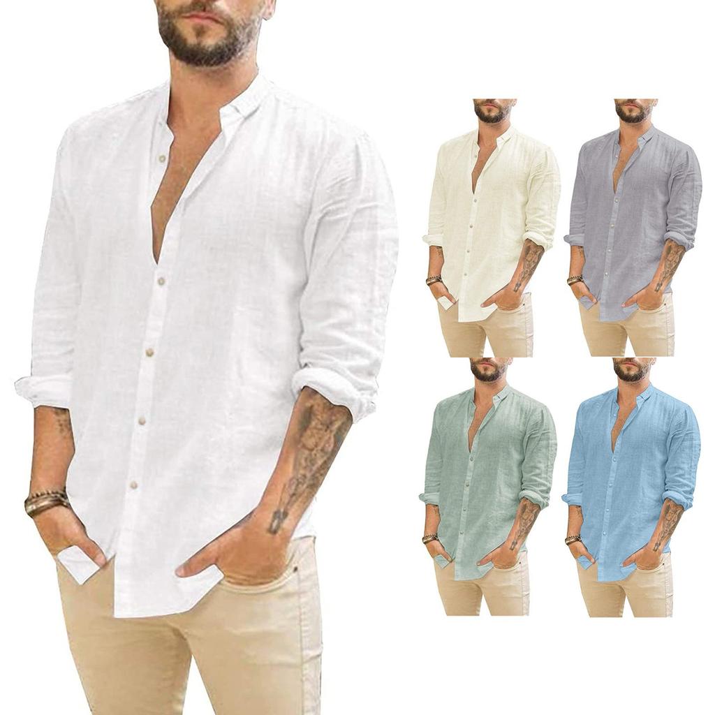 Men's Linen Long-sleeved Casual Shirt Collarless Standing Collar Summer Top