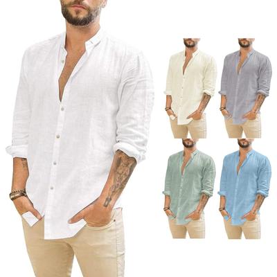 Men's Linen Long-sleeved Casual Shirt Collarless Standing Collar Summer Top