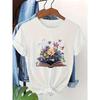 European Size A Women'S White Bohemian Style Short-Sleeve Loose Top Featuring Book And Floral Patterns - a Casual Summer Shirt with a Round Neck