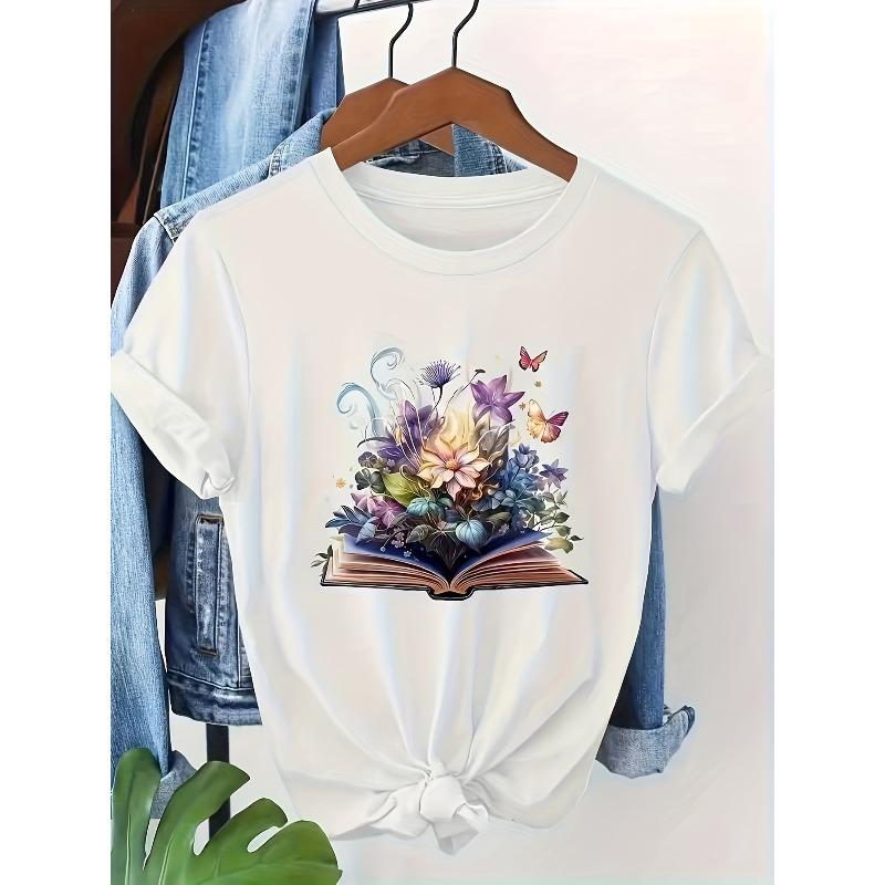 

Европейский размер A Женская белая свободная блузка в богемном стиле с коротким рукавом, украшенная книжными и цветочными узорами - Повседневная летняя рубашка с круглым вырезом S белый