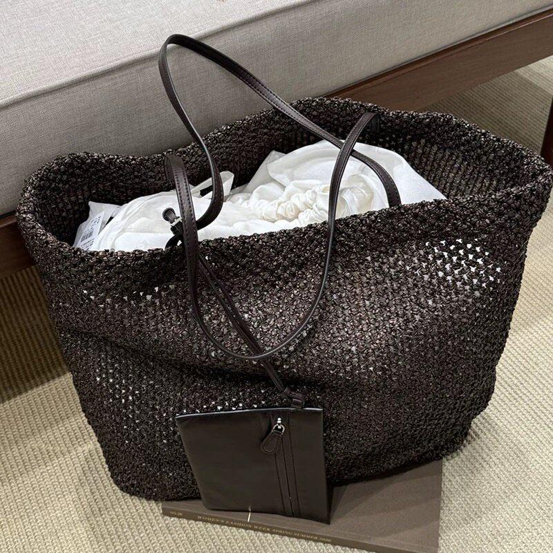 

Casual lazy old money wind tote bag hollow woven large capacity women s bag commuter fashion shoulder handbag