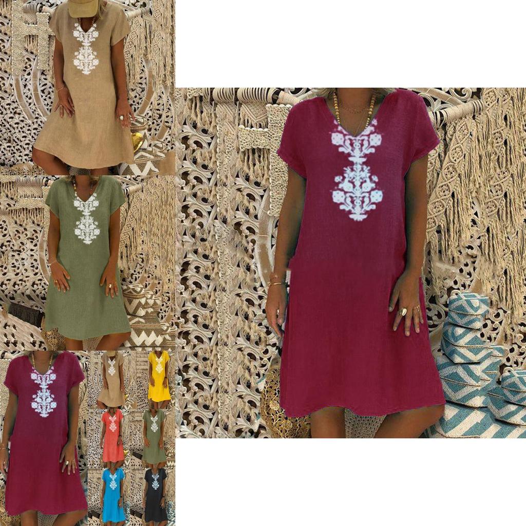 Versatile Women's Baggy Loose Short Sleeve V-neck Linen Kaftan Madi Dress Perfect For Daily Wear And Beach Outings