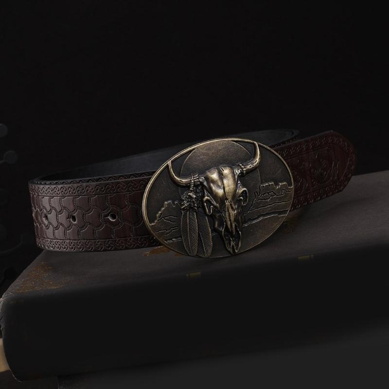 Vintage Engraved Cow Head Buckle for Jeans Pants Waistbelt Metal Clasp Buckle for Teens Boy Men Western Oval Belt Buckle