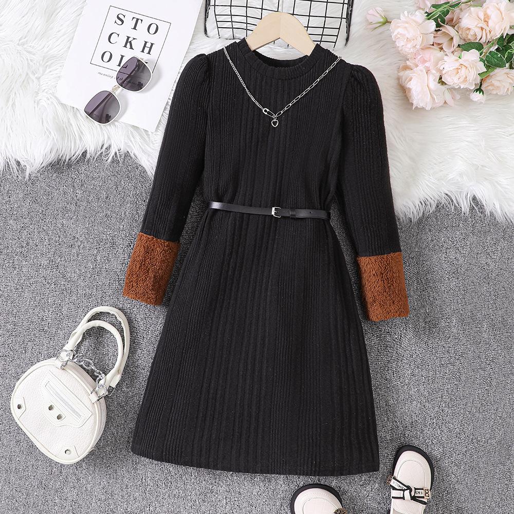 Odzież Dziecięca Nowa Jesień Zima Dziewczęca Patchworkowa Pluszowa Sukienka z Paskiem