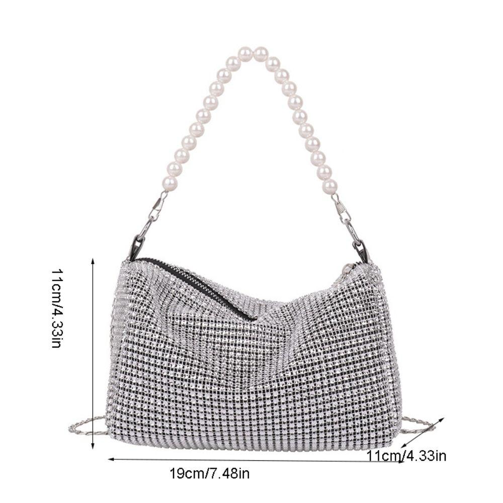 Fashion Rhinestone Shoulder Bag Pearl Chain Bag Phone Pouch Zipper Crossbody Bag for Women Handbag