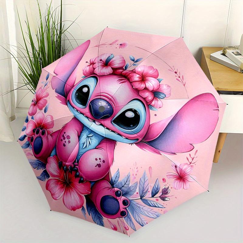 

Stitch, PinkFloral Themed Automatic opening and closing folding umbrella, 8 rib windproof, compact travel design, suitable for all occasion