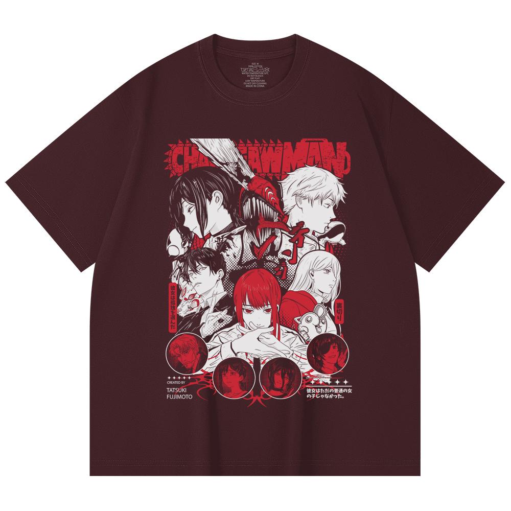 

230 Gsm 100% Cotton Chainsaw Man V60 Print Unisex Heavy Cotton T Shirt 2XL вина червоного кольору