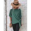 Damen Sommer T-Shirt Einfarbig Fledermausärmel Saum Knoten Lose Kurzarm Top