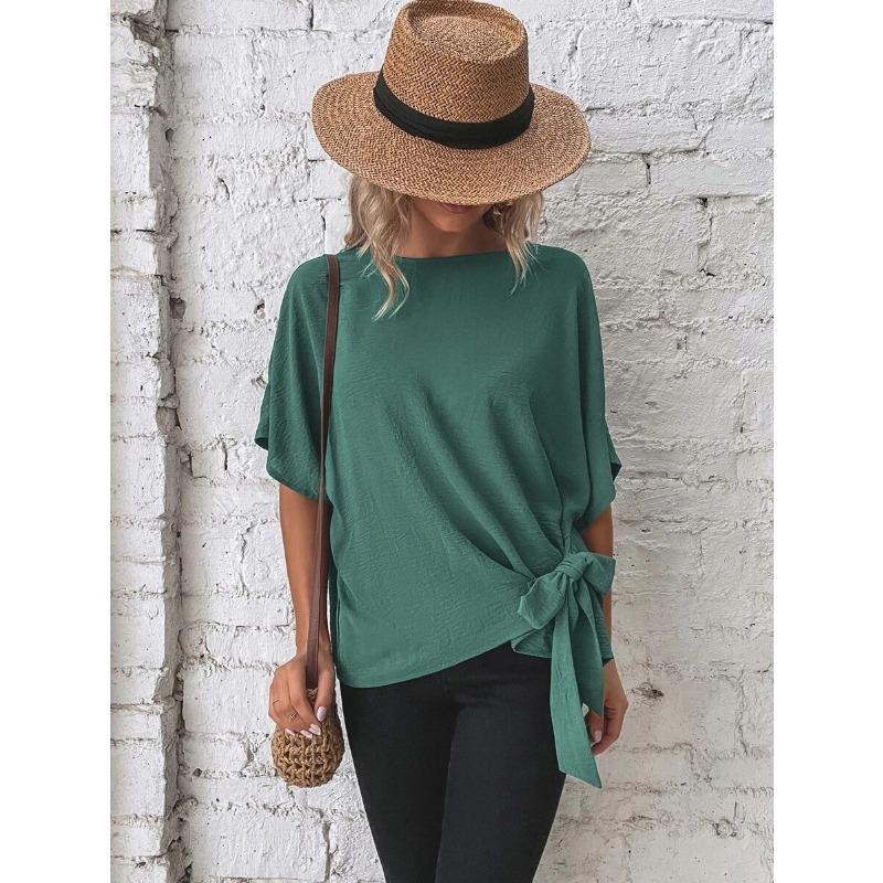 Damen Sommer T-Shirt Einfarbig Fledermausärmel Saum Knoten Lose Kurzarm Top