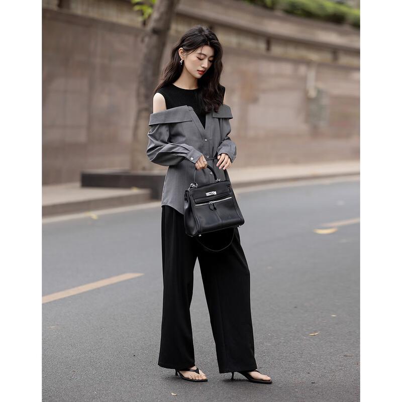 Women's Off-Shoulder Faux Two-Piece Spliced Belted Blouse