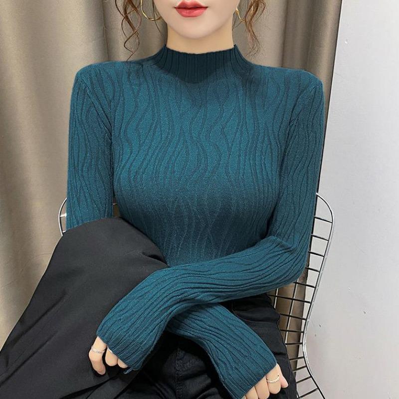 

Осенне-зимний женский полувысокий воротник модный женский вязаный свитер с длинными рукавами однотонный облегающий и универсальный топ one size синий
