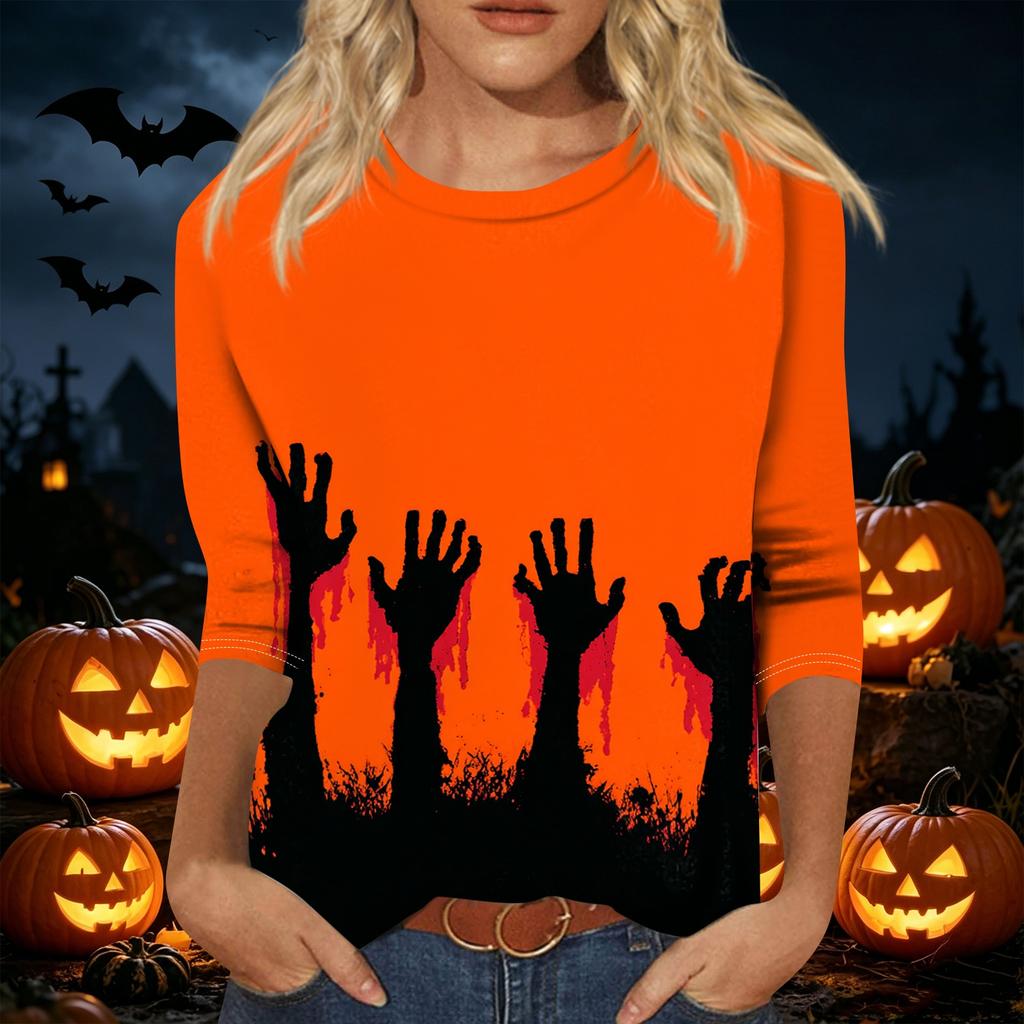 Women's Halloween Print 3/4 Sleeve Shirt Round Neck Loose Casual Top T-Shirt Suitable for Everyday Wear and Seasonal Events