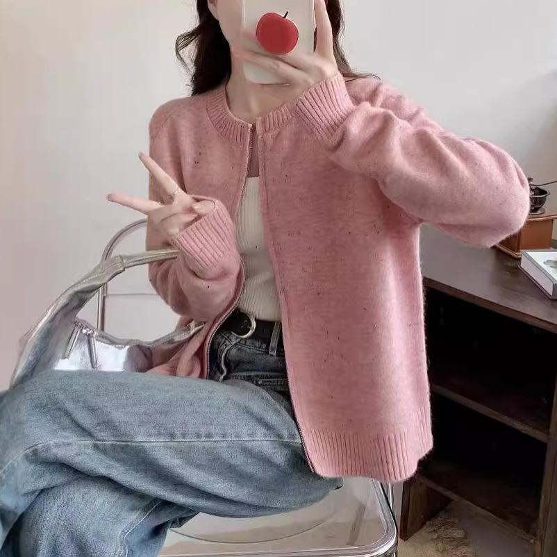 Crew neck short sweater jacket women's loose autumn 2025 new zipper knitted cardigan loose top women's trend