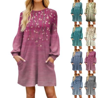 Modisches langärmliges A-Linien-Kleid für Damen, Herbst, lässiger Pullover, Rundhalsausschnitt, lockere Passform, mit Taschen