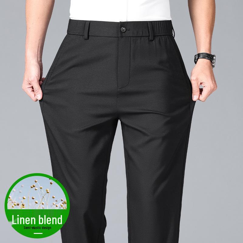 Pánské vysoce kvalitní business casual kalhoty z ledového hedvábí s elastickým pasem a rovnými nohavicemi - s krátkým rukávem, pohodlné na léto